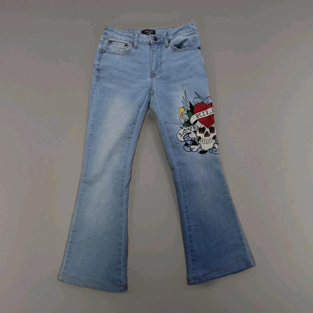 Women's Ed Hardy Jeans‎ size 26X24 Embroidered Wide Leg Love Kills Slow Flared
